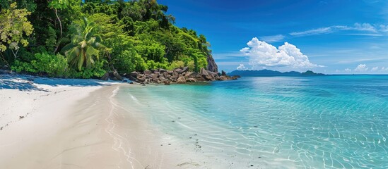 Aufkleber - A serene tropical destination featuring pristine white sandy beaches and a scenic natural landscape ideal for photography enthusiast s copy space image