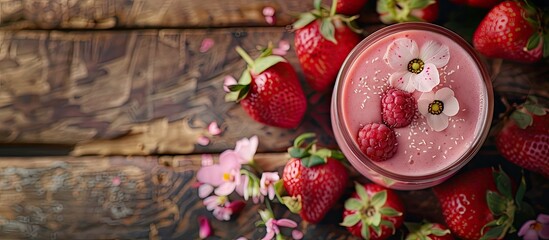 Poster - Strawberry smoothie artwork with a floral design atop strawberry yogurt on a wooden table with copy space image