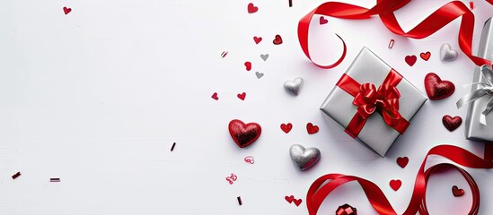 Aufkleber - Valentines concept with red ribbon and silver gift box set against white background providing copy space image
