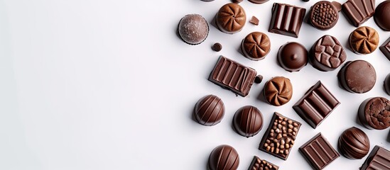Aufkleber - Various tasty chocolate candies arranged on a blank white surface for text placement in a flat lay copy space image