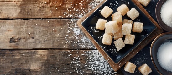 Poster - Wooden table with a black square plate holding brown and white sugar nubs creating an appealing copy space image