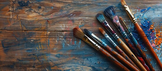 Aufkleber - Wooden background with a gestalt palette of brushes and ample copy space image
