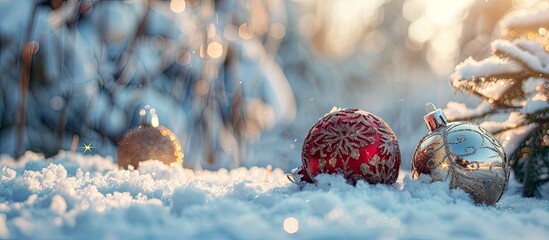 Sticker - Ornaments resting on snow covered ground surrounded by a snowy landscape and a copy space image