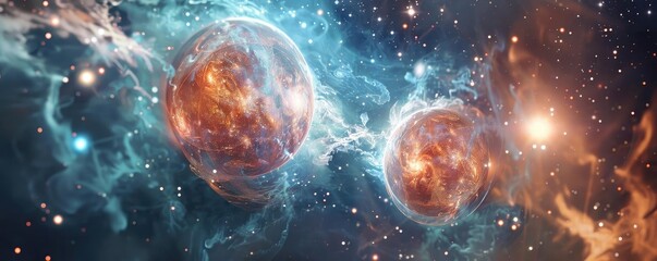 Wall Mural - Two glowing planets in a cosmic nebula with bright stars and swirling gas clouds, creating a vibrant and otherworldly space scene.