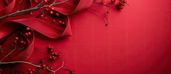 Poster - Holiday themed background featuring red paper and tree branches allowing room for text on a copy space image