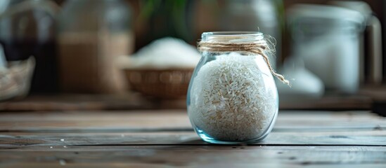 Aufkleber - Selective focus on rice in a glass jar on the table with a blank background perfect for a copy space image