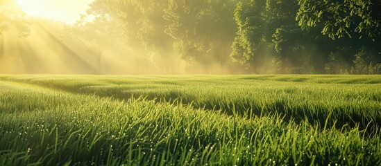 Fototapete - Scenic green field with a serene morning ambiance as shown in the photograph with copy space image