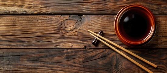 Aufkleber - A wooden table background with chopsticks soy sauce and copy space image