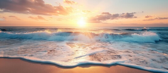 Poster - Picture a serene travel getaway with a gorgeous sunrise by the beach featuring a blue ocean wave and the sun s rays reflecting on the water ideal for relaxation must include copy space image