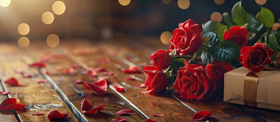 Canvas Print - Valentine s Day themed composition featuring a cluster of red roses a gift box and a wooden board with copy space image