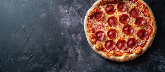 Poster - Ready to eat homemade pepperoni pizza with copy space image