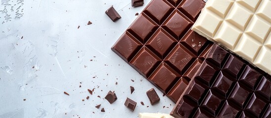 Poster - Isolated on a white background a display of milk and dark chocolate bars with copy space image