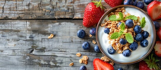 Aufkleber - A nutritious breakfast featuring granola yogurt blueberries and strawberries in a rustic setting with a wooden backdrop for a copy space image