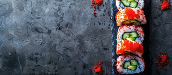Aufkleber - Top view of a Uramaki sushi roll with cucumber avocado shrimp and red tobiko roe with copy space image