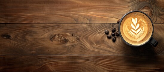 Leinwandbilder - Hot coffee with latte art and a coffee bean on a wooden table creating a visually appealing copy space image