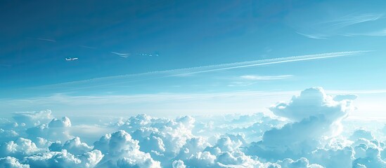 Poster - In the backdrop there is a serene blue sky adorned with delicate clouds and a vapour trail perfect for a copy space image