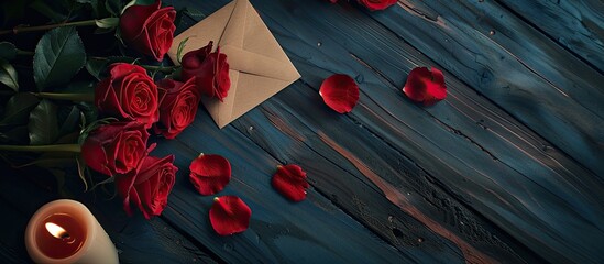 Poster - Valentine s Day celebration with red roses an envelope and a candle arranged on a dark wooden background creating an elegant copy space image