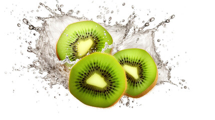 Kiwi in juice splash on white background