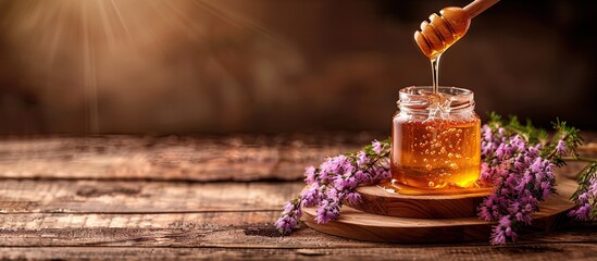 Aufkleber - Honey being poured into a jar and heather flowers arranged on a wooden table with space for text beside a copy space image