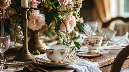 Wall Mural - Delightful afternoon tea spread featuring a tiered cake stand brimming with cupcakes, scones, and sweet pastries, accompanied by a floral porcelain tea set