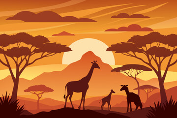 Vector illustration of an African landscape with silhouettes of giraffes