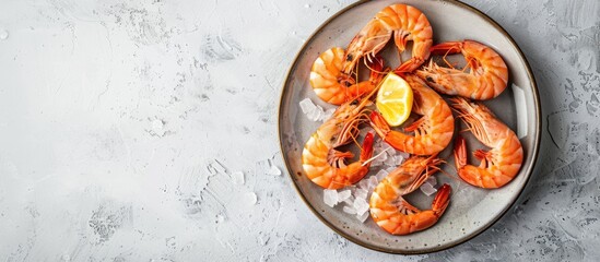 Aufkleber - Fresh and healthy shrimp displayed on a plate over a light background in a top view copy space image