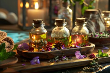 Close-up of aromatic essential oils and herbal infusions in a spa setting Hyper realistic. Shot with canon 5d Mark III --ar 3:2 --style raw Job ID: fe3e4f5d-036b-4c1c-90f5-d42503a30c0b