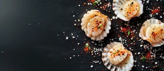 Aufkleber - Scallops with seasoning seen from above against a black background providing ample space for additional imagery or text