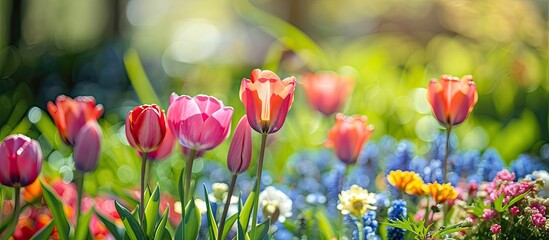 Poster - Sunny day showcases lovely spring flowers in garden Ideal for copy space image