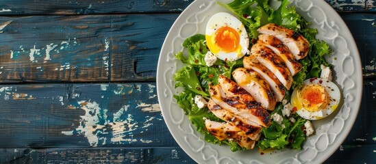 Poster - Top down view of a traditional Caesar salad with grilled chicken and a sliced egg arranged on a white plate atop a rustic dark blue wooden surface with copy space image