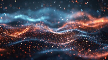 Poster - A mesmerizing abstract representation of flowing waves, illuminated by vibrant particles in blue and orange tones.