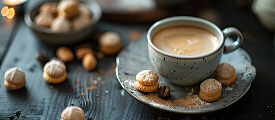 Aufkleber - Selective focus on a dark background enhances a visually appealing composition of a cup of fresh coffee accompanied by Amaretti cookies creating an aesthetic copy space image