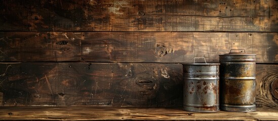 Wooden background with two metal containers in a mockup with copy space image