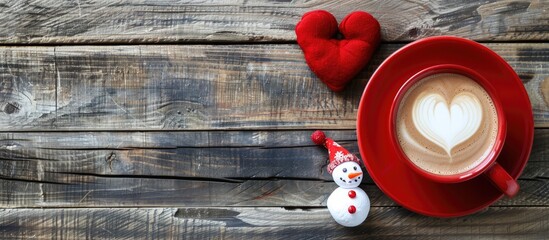 Sticker - Valentine s Day theme captured in flat lay top view image Wooden background features a large red coffee cup and a marshmallow snowman leaving space for text or design. Creative banner. Copyspace image