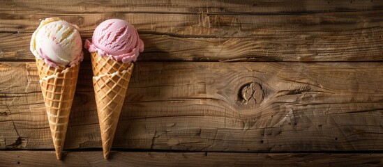 Poster - Ice cream scoops in waffle cones displayed on wooden planks in a studio setting with copy space image