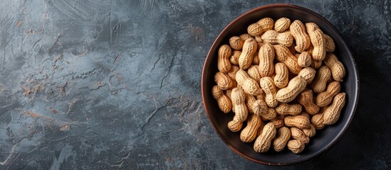 Poster - Top view of a plate with fresh peanuts arranged neatly in a bowl with copy space image available
