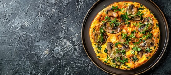 Poster - Italian frittata a savory dish similar to an omelette made with cheese herbs and fried mushrooms served on a plate with a copy space image