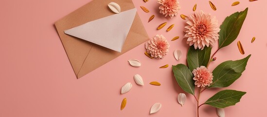 Poster - Minimalist wedding invitation design featuring leaves on card mockup with chrysanthemums and envelope in a copy space image