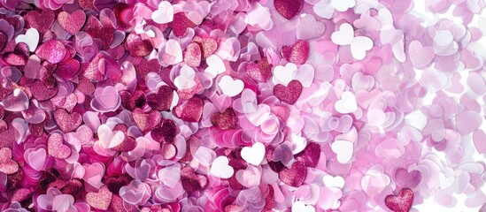 Poster - Festive backdrop with a colorful mix of hearts and confetti in magenta and white tones ideal for Valentine s Day and love themed copy space image