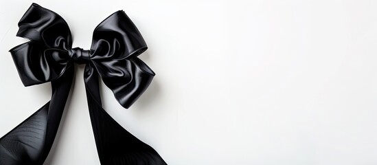 Aufkleber - Ribbon in black satin tied in a bow on a white backdrop with copy space image