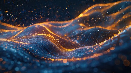 Poster - Abstract landscape with glowing lines and sparkling particles in blue and orange hues, perfect for creative backgrounds and designs.