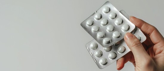 Aufkleber - White background with a hand holding silver blister packs of pills providing space for additional information with a copy space image