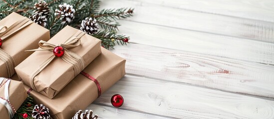 Poster - Handcrafted gift boxes with ribbons lie beside a fir tree on a white wooden table background creating a festive scene with copy space image