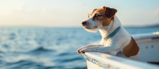 Poster - Ocean view provides background for a side view of a Jack Russell Terrier on a boat with room for additional content in a copy space image