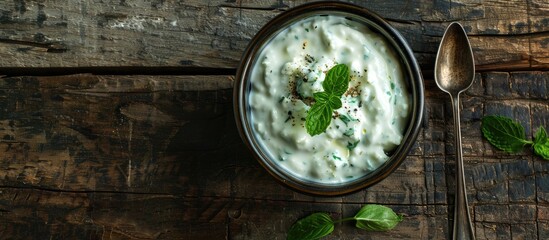 Poster - Traditional Tzatziki displayed on a wooden backdrop beside a spoon with room for text in the copy space image
