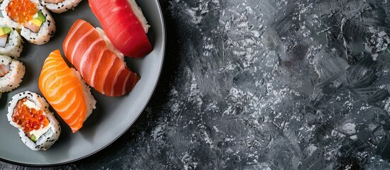 Aufkleber - Top view of a sushi set featuring salmon soft cheese tuna and smoked eel for home delivery perfect for a healthy meal with a copy space image