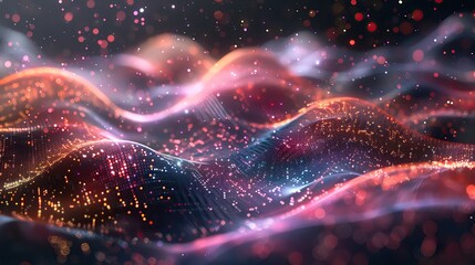 Poster - Abstract wave pattern with vibrant colors and glowing particles, creating a mesmerizing visual experience for digital art.