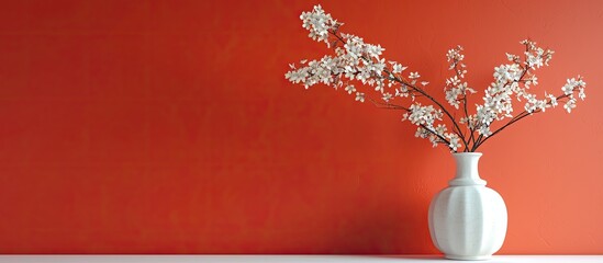 Poster - Vase with white flowers on table set against pale red backdrop with copy space image