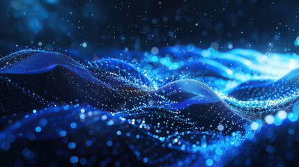 Poster - Stunning blue wave pattern with glowing dots, creating a mesmerizing digital landscape of light and motion.