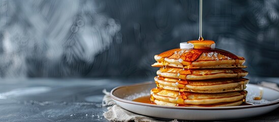 Aufkleber - A tall stack of homemade pancakes with a drizzle of maple syrup deliciously cooked and ready to be devoured filling the copy space image